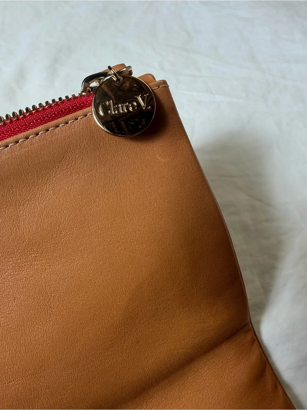 Clare V. Leather Foldover Clutch Tan Leather Clutch with Contrast Stripe